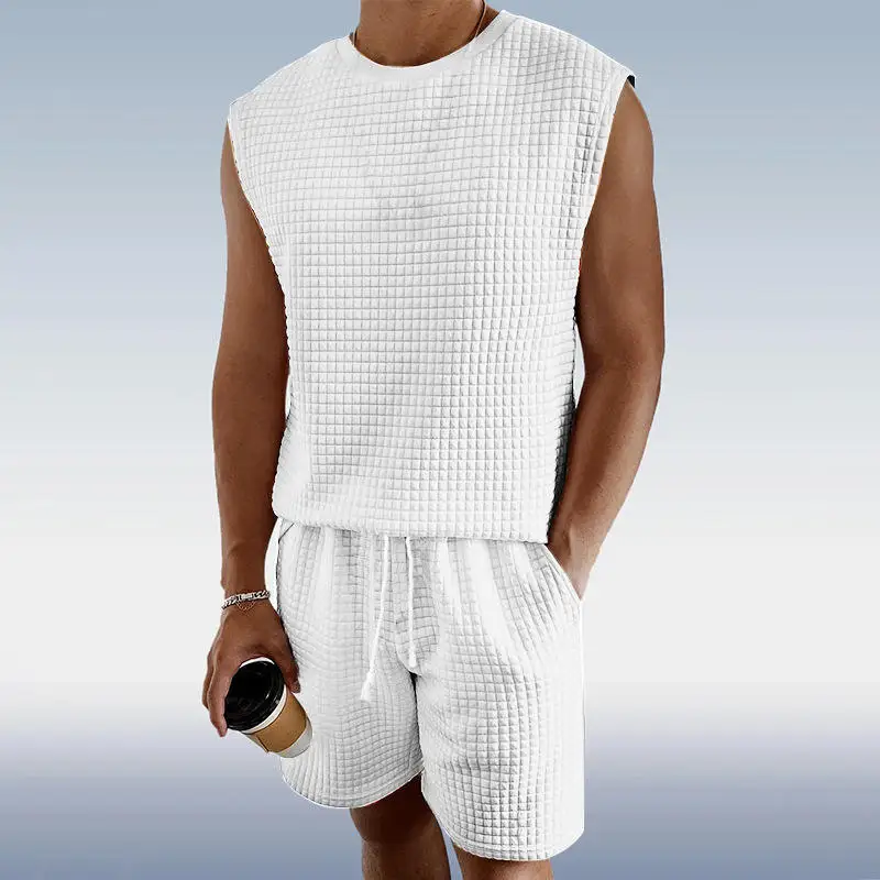 

Casual Sporty Men's Sleeveless round Neck Vest Shorts Fashion Summer Set 24 Small Square Grid Design No Brand Registered Trad...