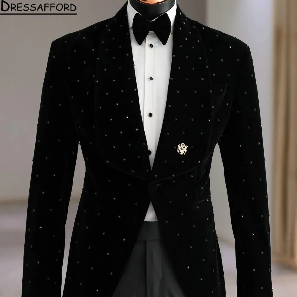 Black Velvet Men Suits 2 Piece With Pearls Fashion Business Casual Wear Party Wedding Groom Tuxedo Jacket&Pants