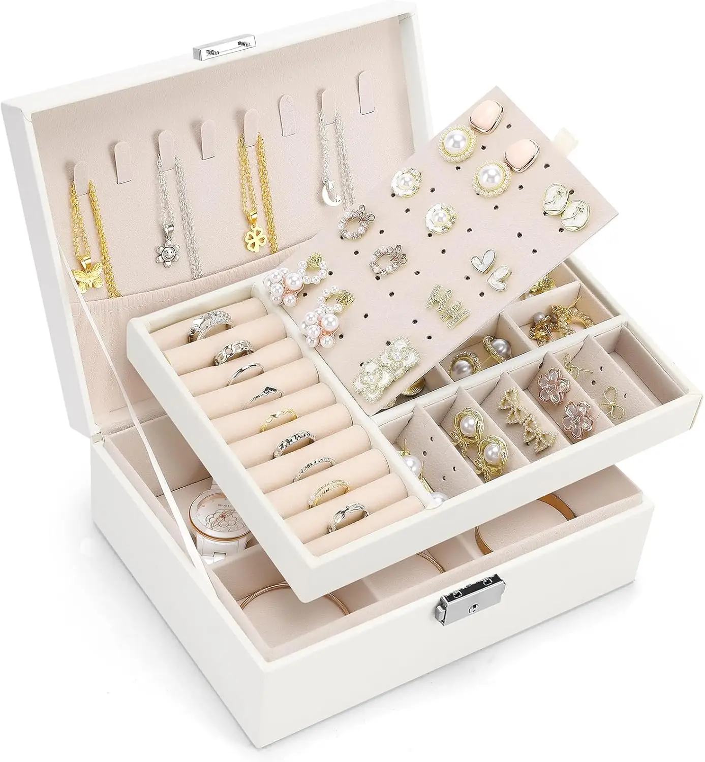 White 2-Layer Jewelry Box Organizer Tray for Earrings, Bracelets, Rings, Watches (10.4 x 7.7 x 3.9 Inches)