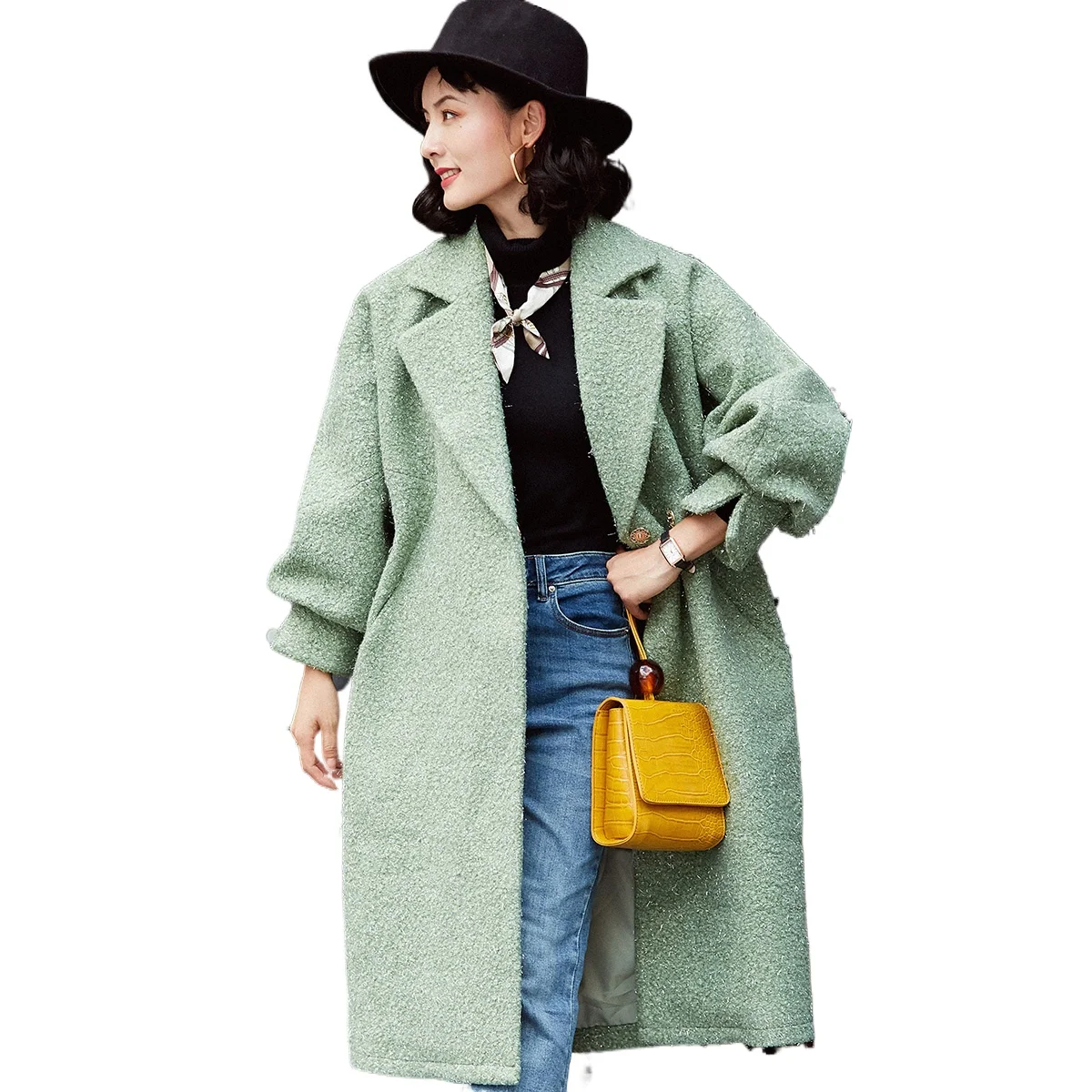 

2025 Luxury Women Winter Wool Trench Casual Cashmere Long Coat Puff Sleeve Green Long Sleeve Thick Jacket for Very Cold Winter