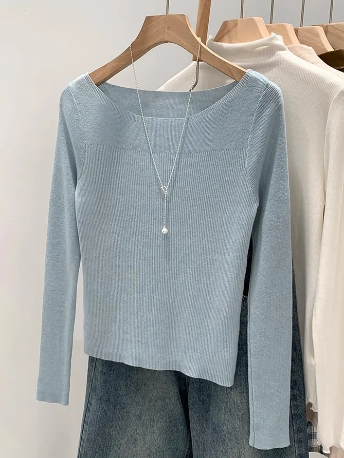 

plus Size Women's Knitted Long Sve One-oulder Slim Fit Elastic Simple Color Inner Wear Base irt Commute Sle