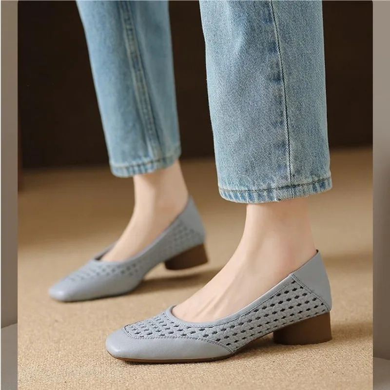 Design Temperament Hollow High Heel Shoes Women's Summer Leather Square Head Shallow Mouth Shoes Women Zapatos Mujer