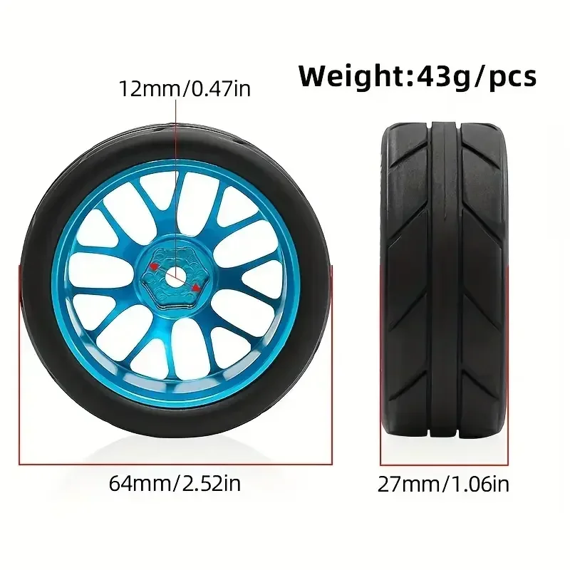 

1/10 RC Racing Wheels & Tires Set - 12mm Hex Metal Rims for Tamiya TT01/TT02/XV01, HSP, HPI, Kyosho - On-Road Car Upgrade