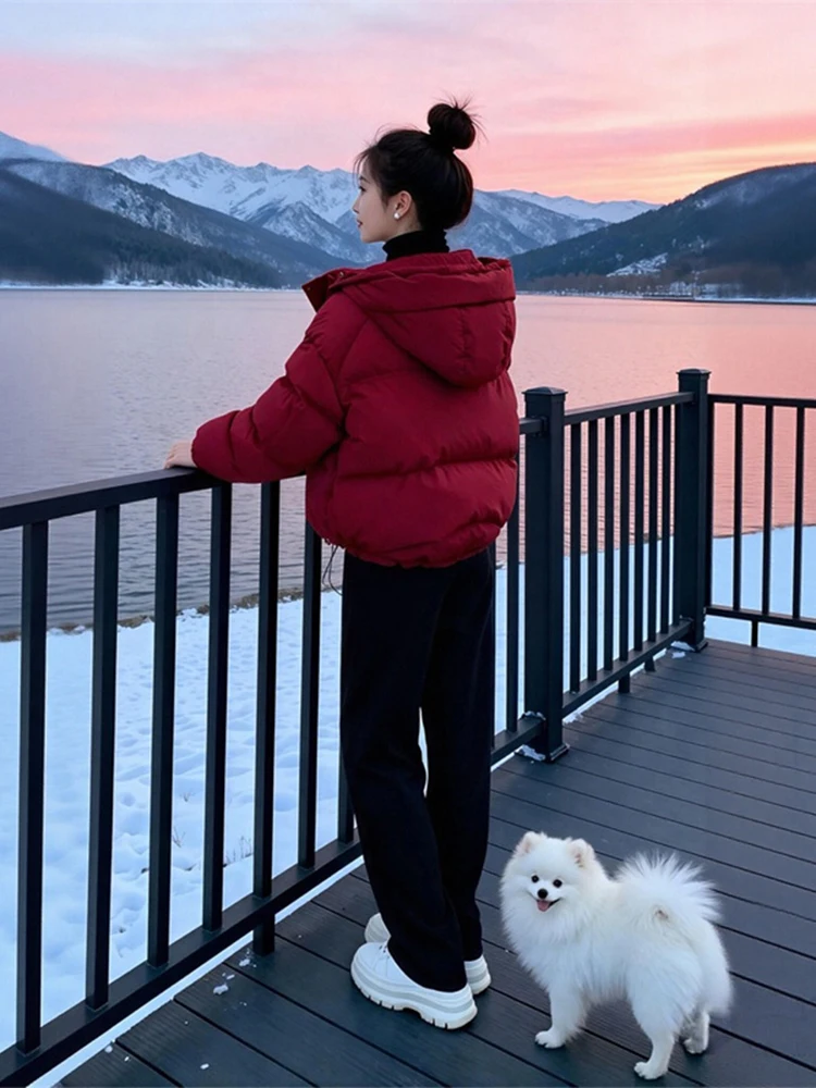 

Женская утепленная красная хлопковая куртка с капюшоном, короткая, зимняя, в корейском стиле, свободного кроя, с длинными рукавами, на молнии, однотонная