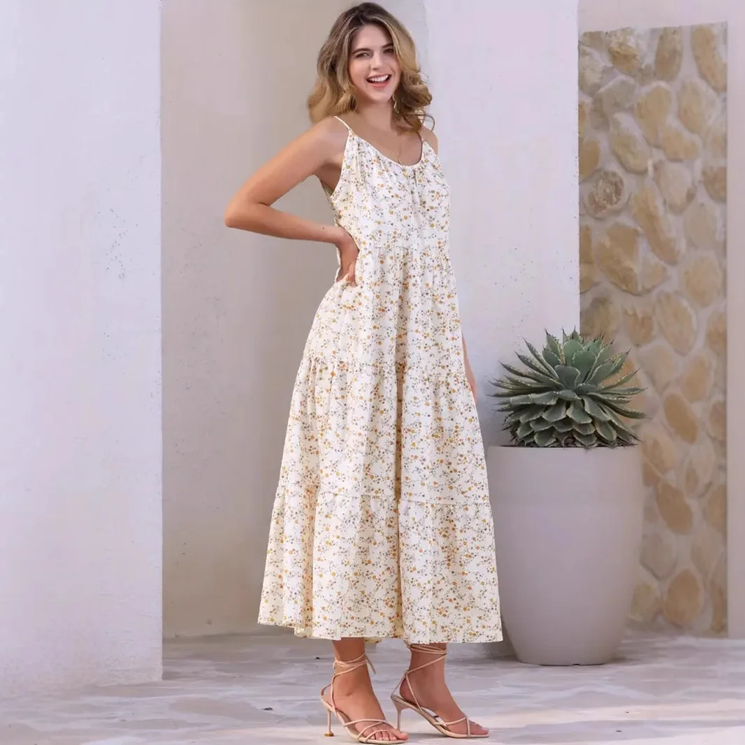 

Women's Light Yellow Floral Maxi Dress Spaghetti Strap Square Neck Tiered Hem For Summer Beach Vacation Wear