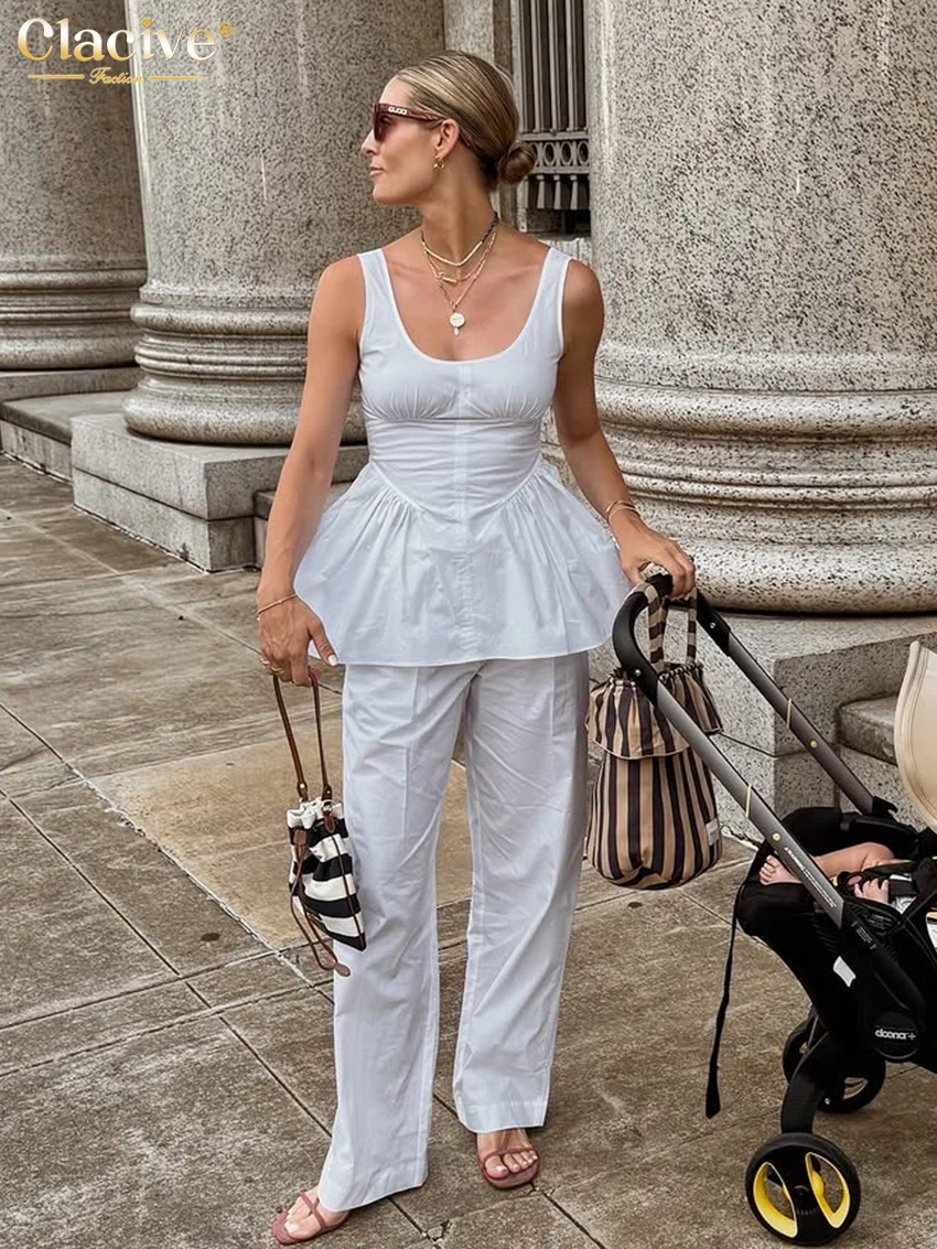 

Clacive Sexy Slim White Cotton Women's Two Pieces Set 2026 Summer Sleeveless Tank Top With High Waist Wide Pants Set Female