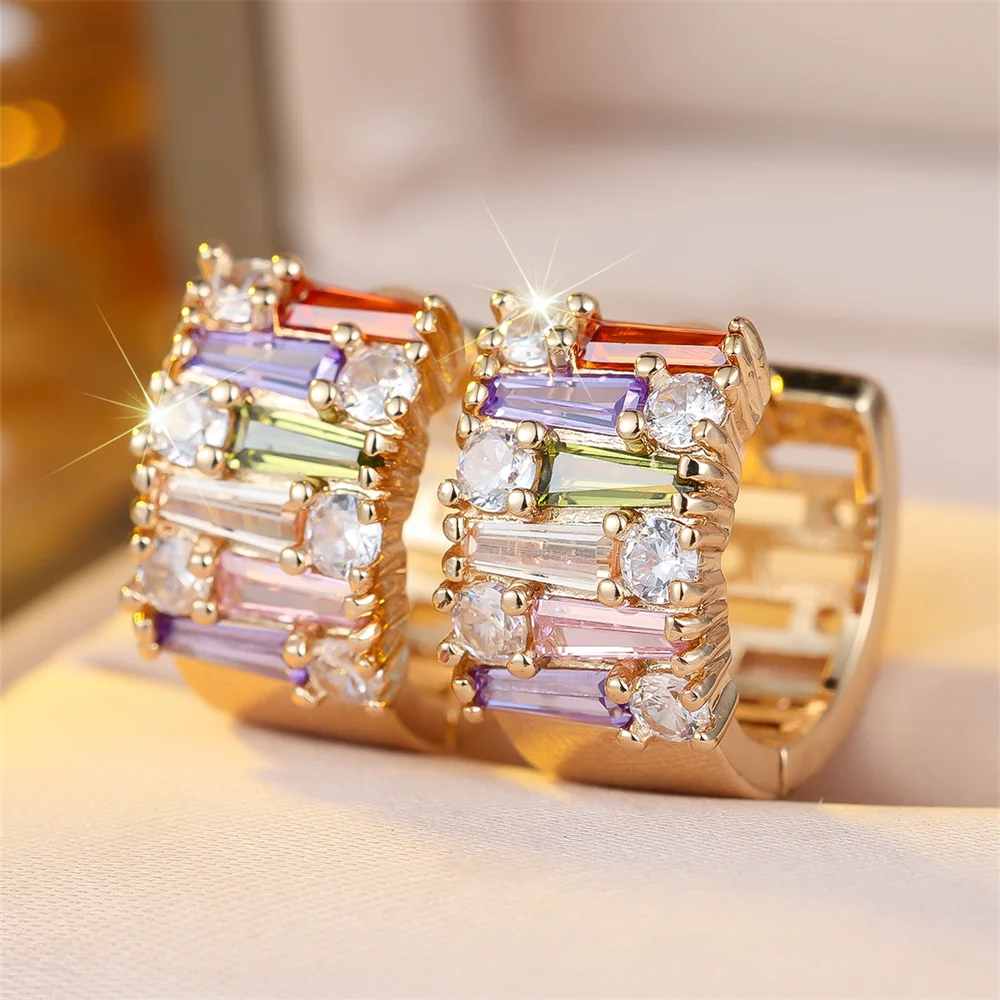 Rainbow Zircon Multicolor Crystal Small Stone Round Hoop Earrings For Women Gold Color Ear Buckle Wedding Jewelry Valentine Gift