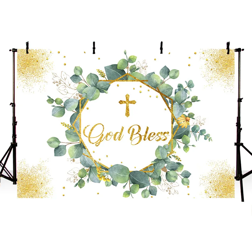 Mehofond God Bless Eucalyptus Leaves Photo Background Newborn Party My First Communion Background Photocall Gold Glitter Studio