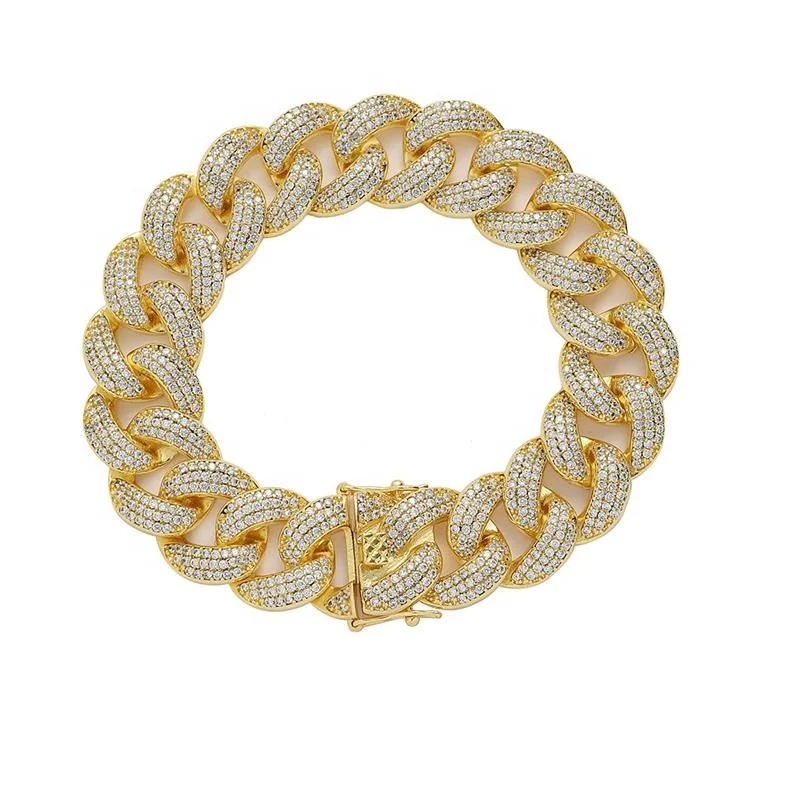 Real Gold Color Plated Hip Hop Brass and Three Rows Zircon 19mm Heavy Cuban Chain Bracelet for Men