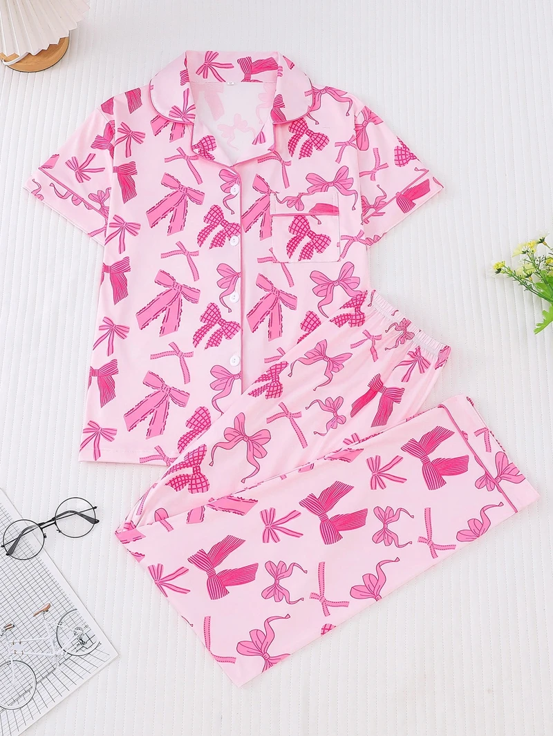 

Bow Floral Print Home Suit Set Short Sleeve Lapel Buttons-Up Top And Long Pants Breathable Fabric Fit Ladies' Summer Loungewear