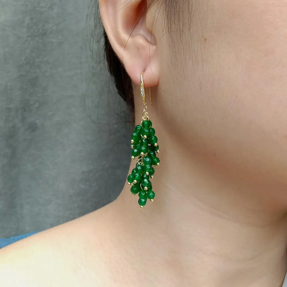 

YYGEM 4mm faceted round Green Jade gold plated dangle Earrings Long Drop Hook Earrings Jewelry For Women Wedding Earrings