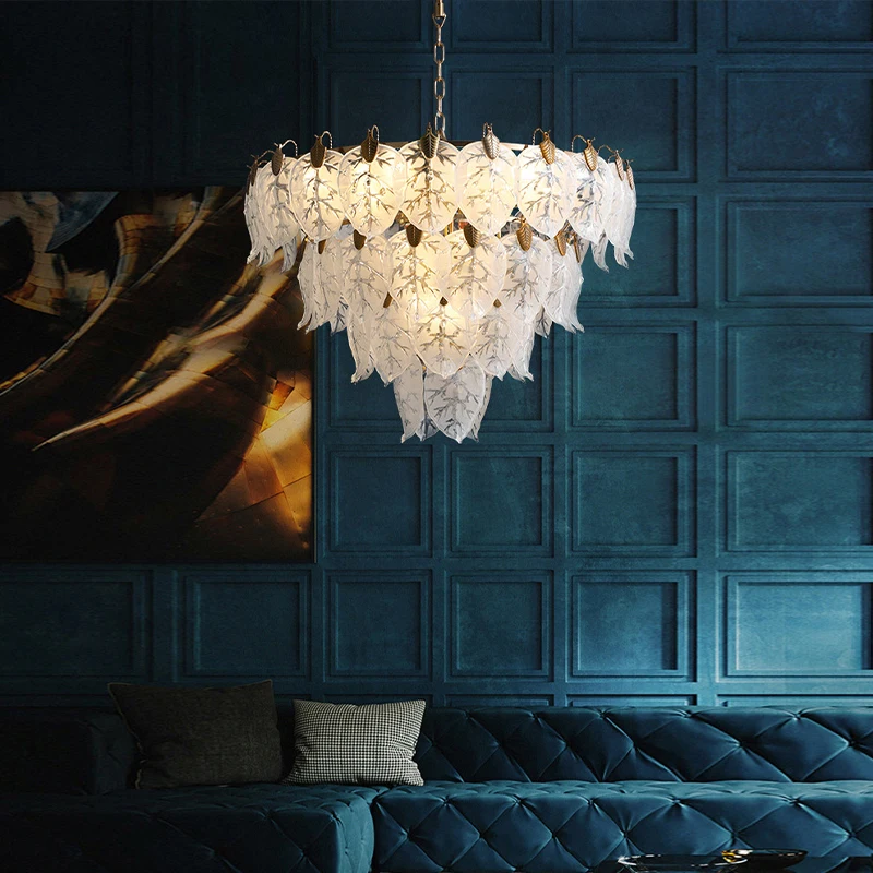 

Exquisite White Leaves Glass Ceiling Chandeliers Cottage LED Light Luxury Lustre Round Hanging Lamps Home Decor for Living Room
