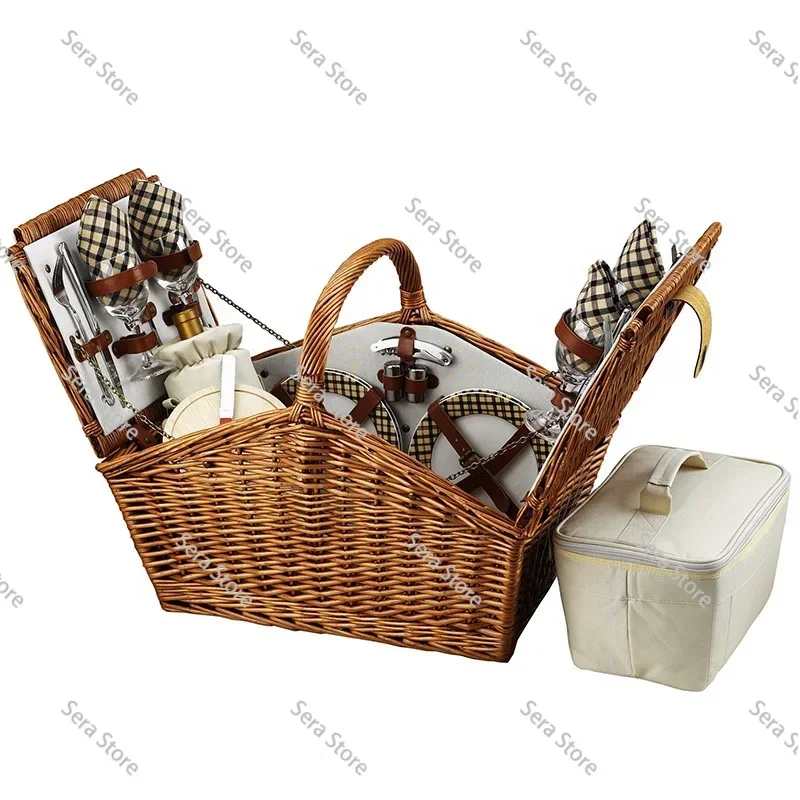 Plant Fiber Outdoor Picnic Storage Basket with Built-in Tableware Compartment for Outdoor Travel