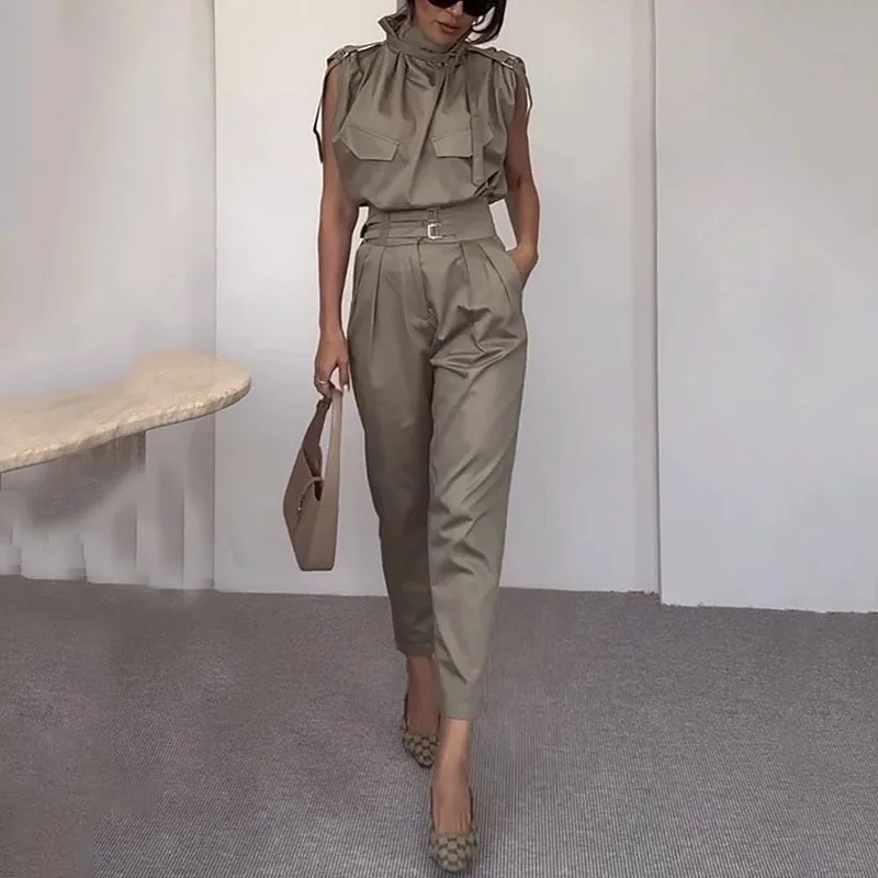

Summer Suit Jumpsuit Sleeveless High Neck Romper Belted Waist Cargo Pocket Olive Green Slim Fit Jumpsuits Women's
