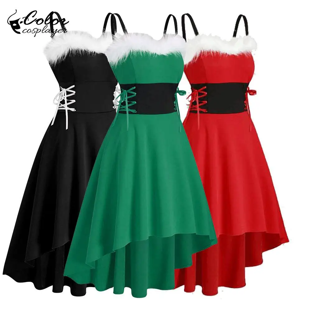 Color Cosplayer Christmas Halter Dress for Women New Year Party Dress Up Masquerade Cosplay Costume Adult Sexy Xmas Clothing