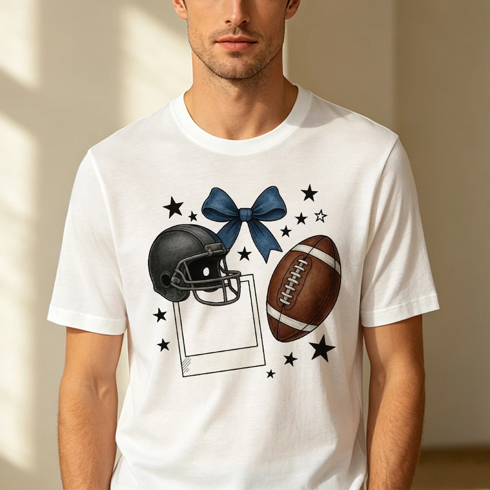 Vintage Football Helmet Bow Star Photo Frame Graphic Men Summer T Shirt Game Day Sport Retro Short Sleeve Daily Top