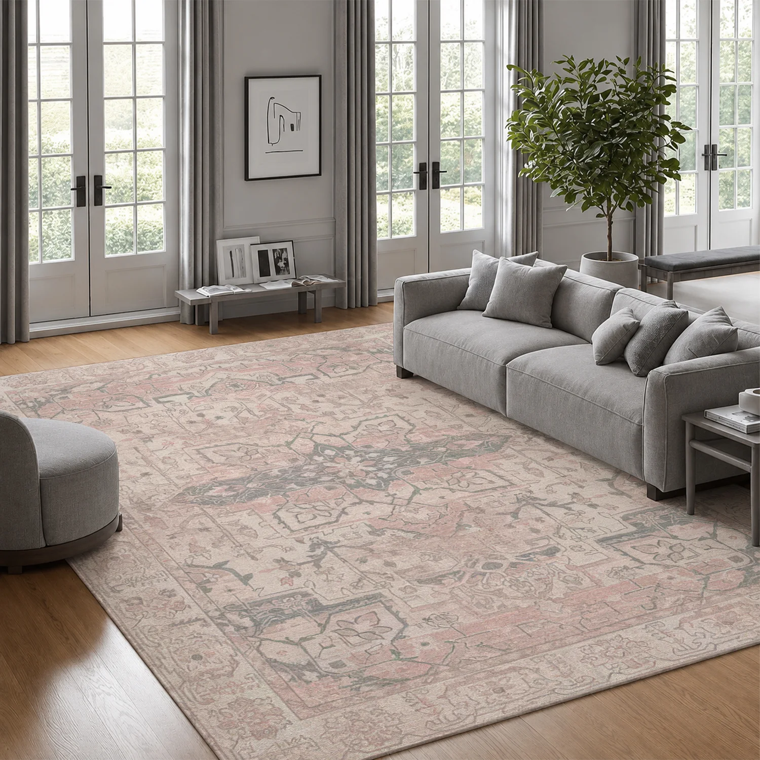Large Indoor Area Rug, Soft Velvet Low Pile with Non-slip Dotted Backing, Machine Washable, Vintage Medallion Blush Pink & Gray Accent Rug for Living Room, Bedroom, Dining Spaces