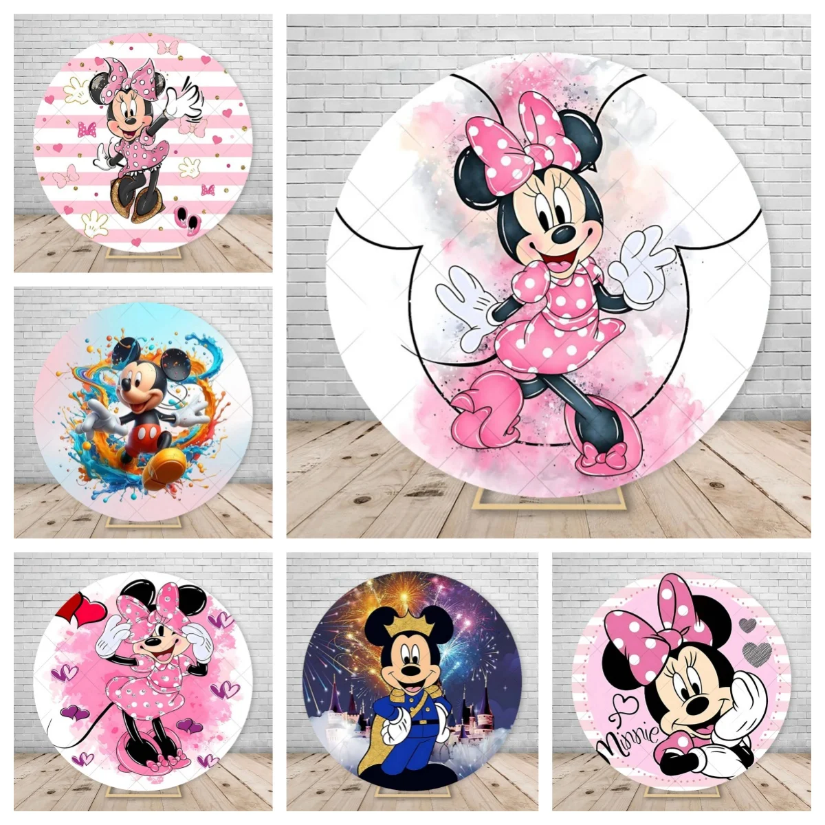 

Minnie Mickey Mouse Round Photo Backdrop Baby Shower Decoration Girls Boys Birthday Party Background Covers Photography Props