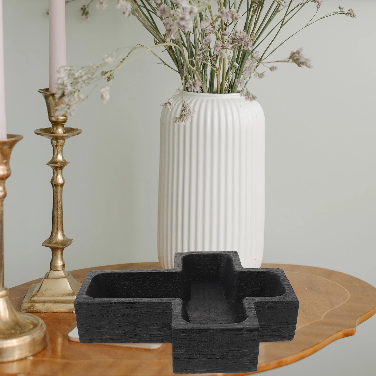 

Wooden Bowl Cross Shape Bread Tray Black Food Serving Storage Large Capacity Easy Clean Dessert Cake Snack Trays