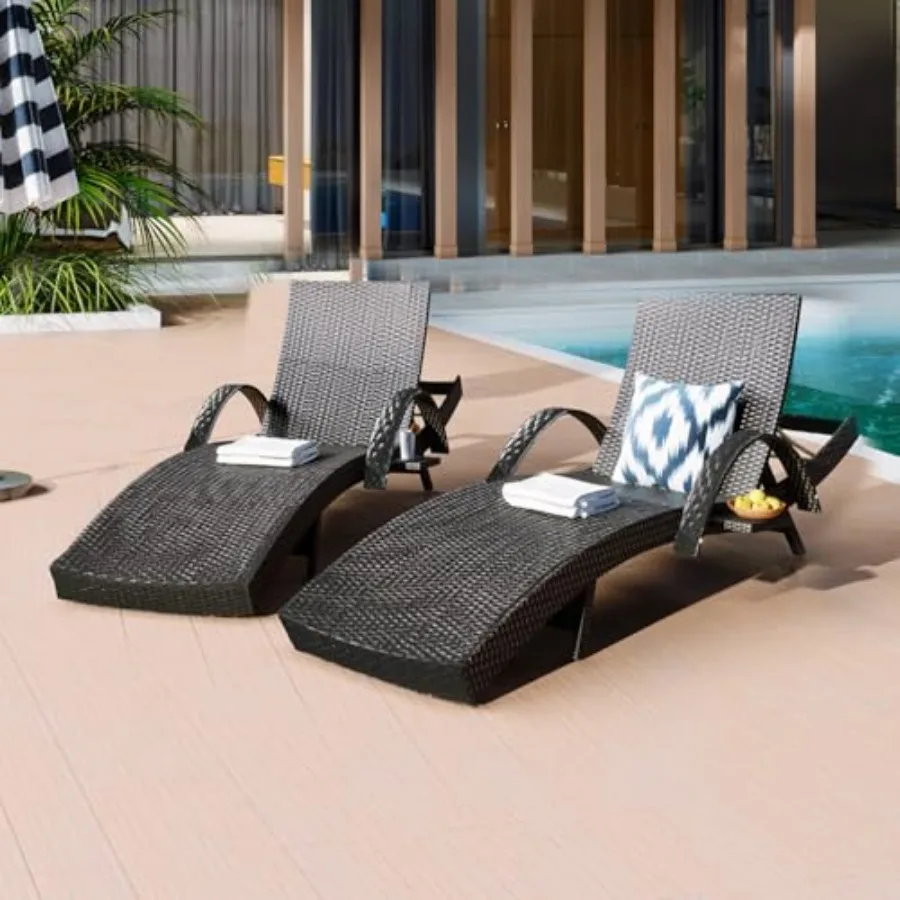

80'' Long Outdoor Wicker Chaise Lounge Set of 2 Patio Rattan Reclining Chairs with Adjustable Backrest Armrests Durable PE Ratt