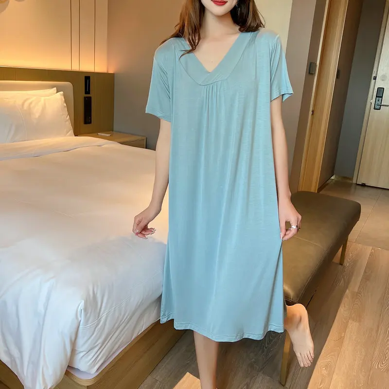 Summer women V-Neck dress Short sleeves Modal Bottoming dresses solid color Plus size sleepdress Loose and comfort nightdress