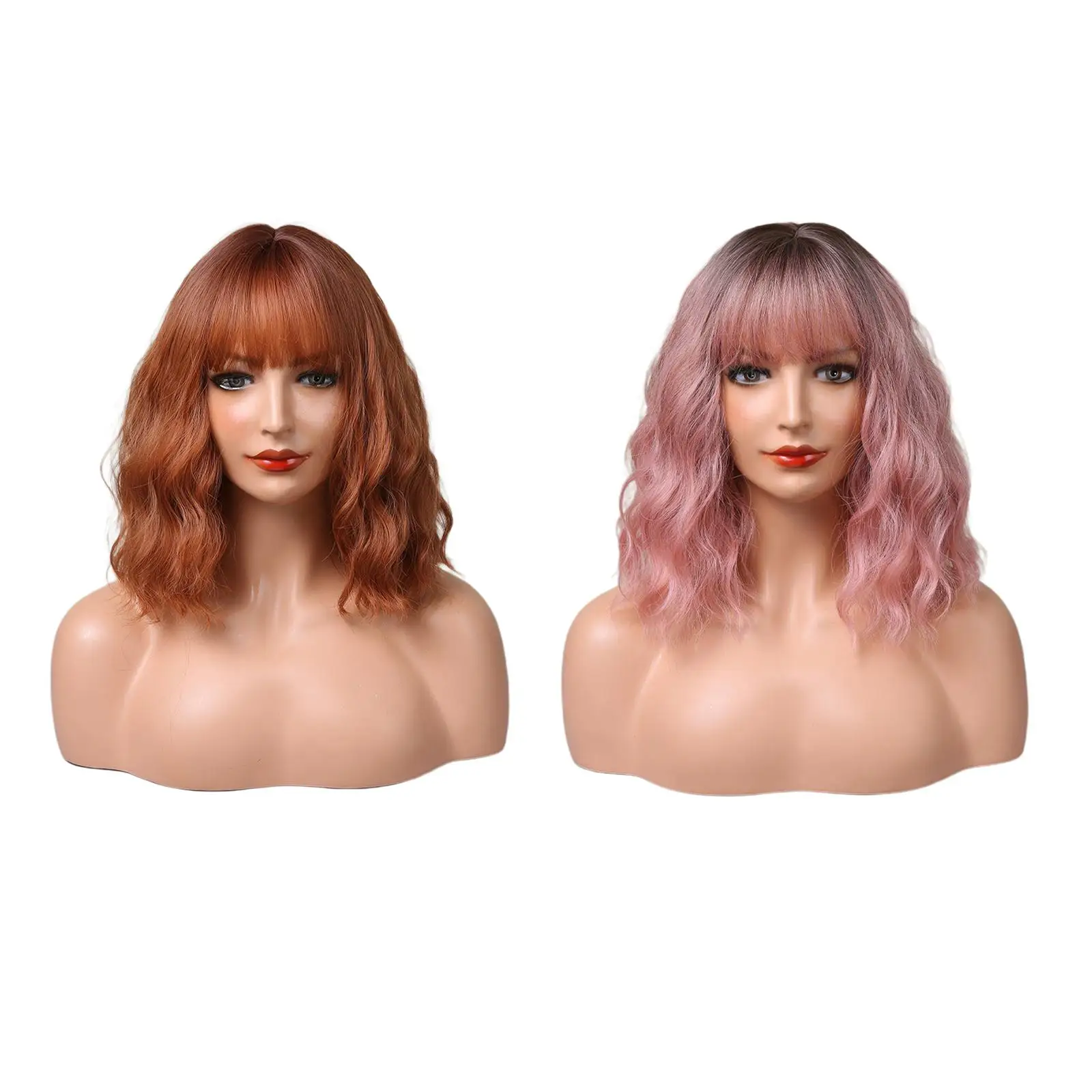 Synthetic Wig Female Women Wig with Bangs Curly Wavy Shoulder Length Wig Sheath Party