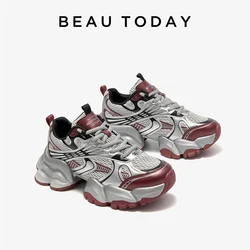 BEAUTODAY Chunky Sneakers Women Syntheic Leather Round Toe Lace-up Breathable Mesh Silver Sport Shoes Female Handmade 29A34