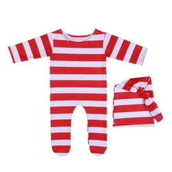 Newborn Photography Outfit Red White Stripe Bodysuit Romper Hat Boy Christmas Elf Outfit Newborn Knot Hat Pajama Set