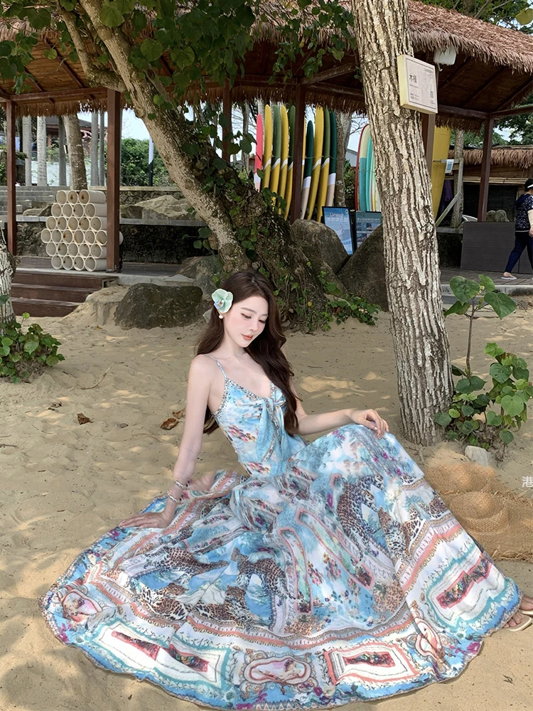 

Beach vacation V-neck camisole dress for women summer waist sexy leisure backless temperament beach long dress