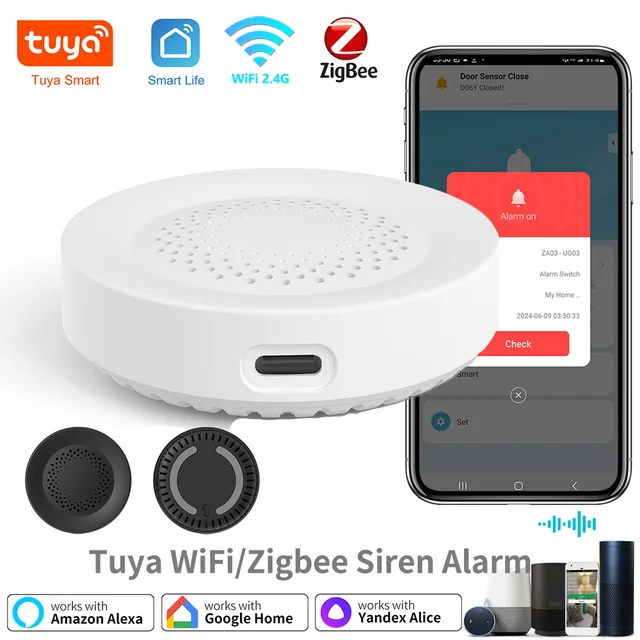 Tuya Zigbee WiFi syrena alarmowa dla inteligentnego bezpieczeństwa w domu głośnik 100db współpracuje z Alexa Yandex Alice wymaga koncentratora Tuya Zigbee.