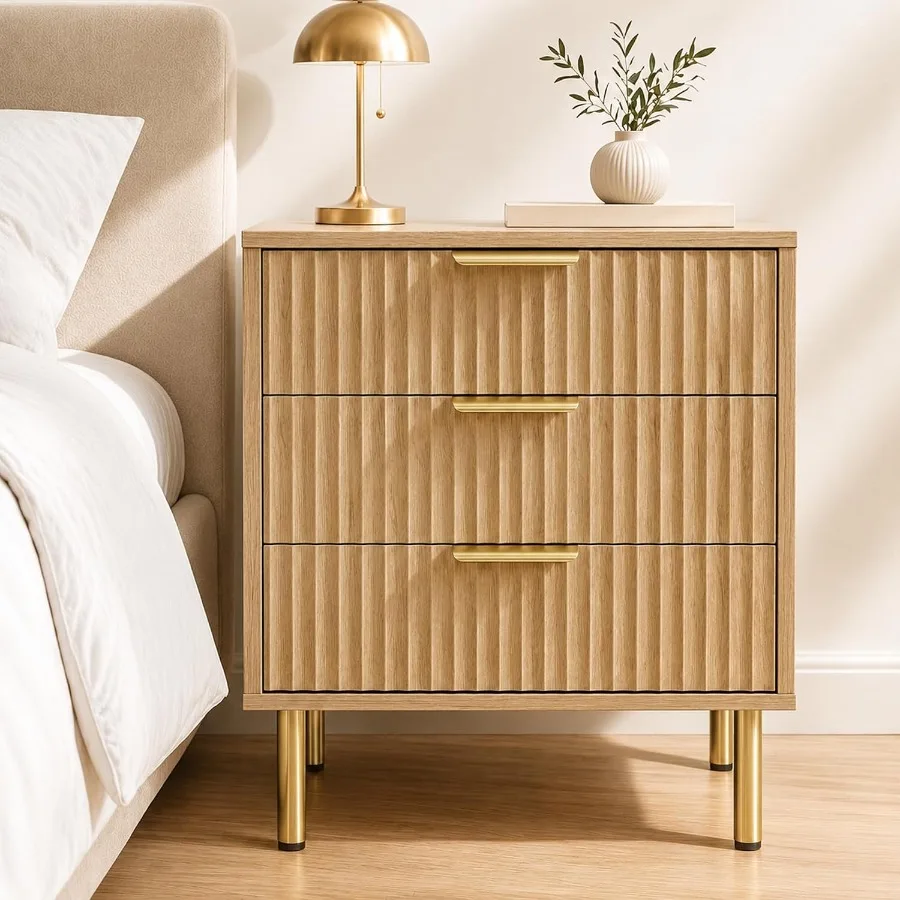 Nightstand for bedroom use, solid wood, walnut finish, 24 tall fluted design with 3 smooth-gliding drawers