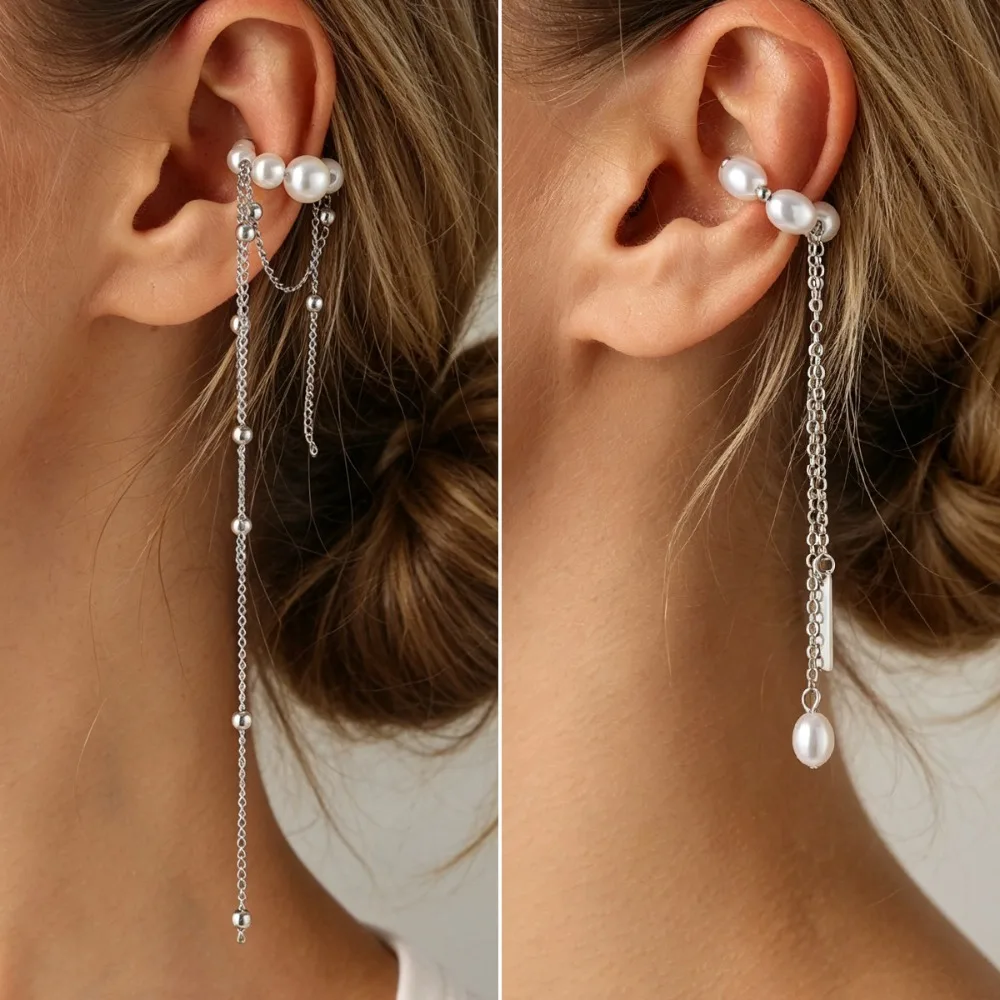 Minimalist Temperament Imitation Pearl Long Tassel Chain Ear Cuff No Piercing Clip Earrings for Women Korean Wedding Jewelry