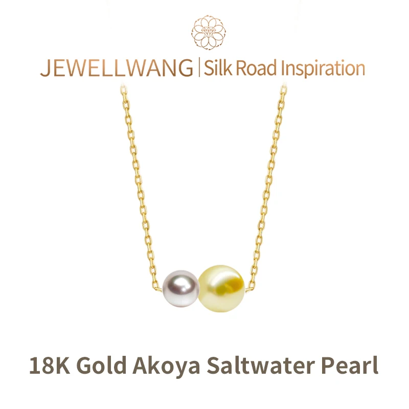 

JEWELLWANG 18K Yellow Gold Akoya Saltwater Natural Pearl Necklace 45cm Adjustable Chain 4.5-6.5mm Two Pearls Paired Together
