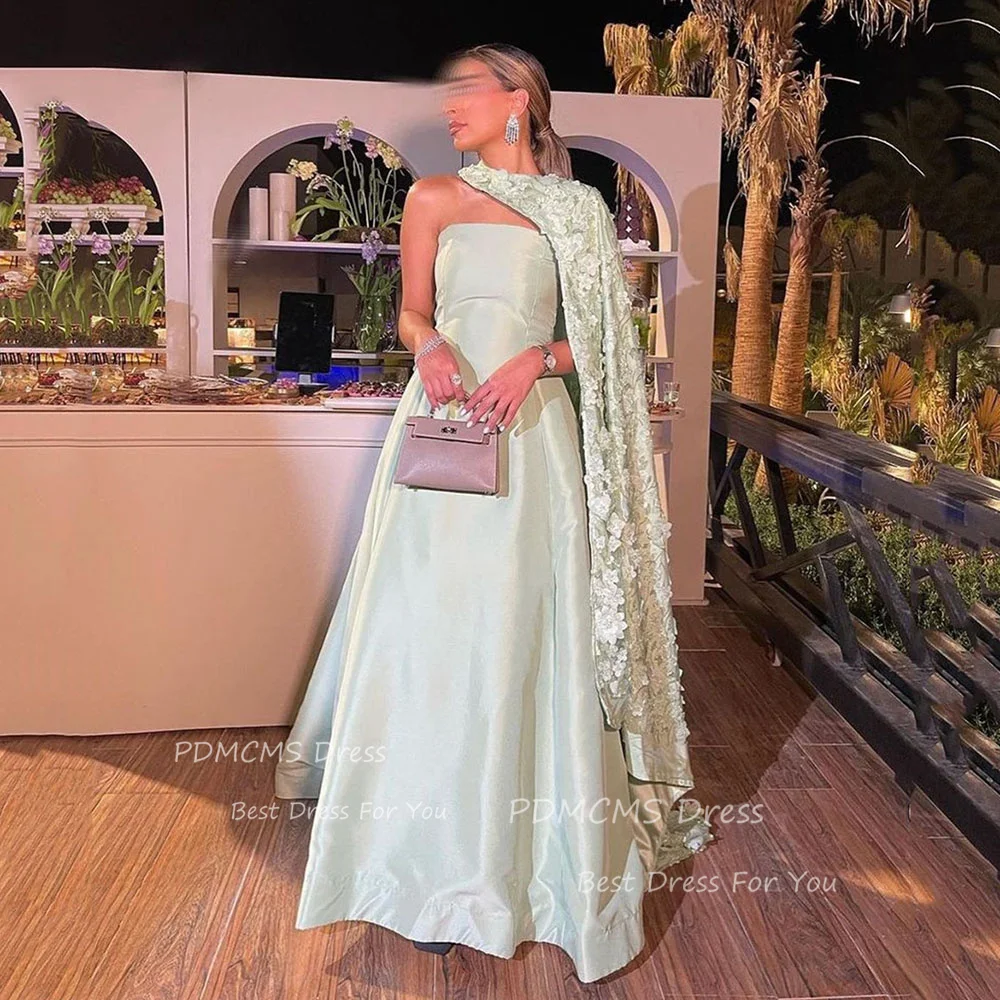 

Luxury Light Green A Line Formal Prom Gowns Women Long Cap Sleeves 3D Lace Evening Party Dresses Arabic Long Formal Event Dress