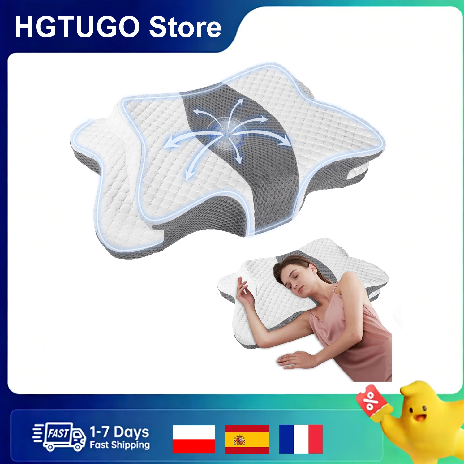Almohada Cervical Ergonómica de Espuma Viscoelástica para Alivio del Dolor de Cuello - Soporte Contorneado Refrescante para Dormir de Lado, Boca Arriba y Boca Abajo