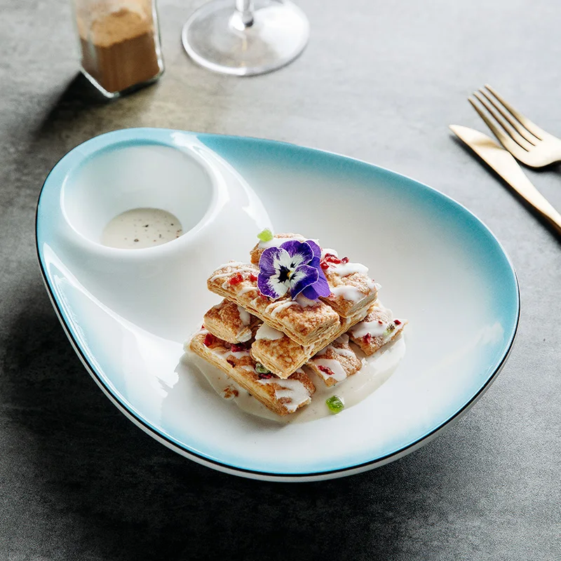 Ceramic Dumpling Sushi Plates Dim Snack Pastry Plate With Dipping Dish Simple Gradient Designed Divided Plate Tableware