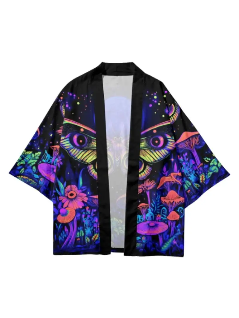 Summer Lightweight Japanese Kimono Purple Butterfly Print Open Front Jacket Unique Insects Patterns Traditional Asian Cardigan