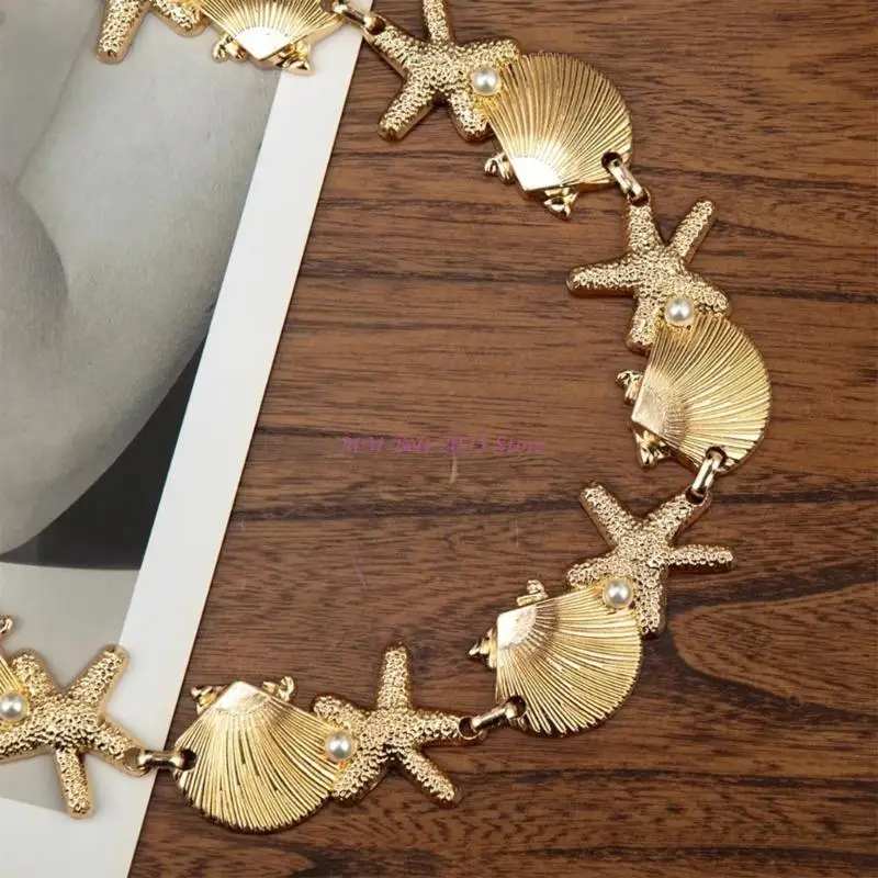 49ME Unique Metal Shell Pearls Sea Star Waist Chain Body Jewelry for Women Lady Girls Sea Inspired Accessories