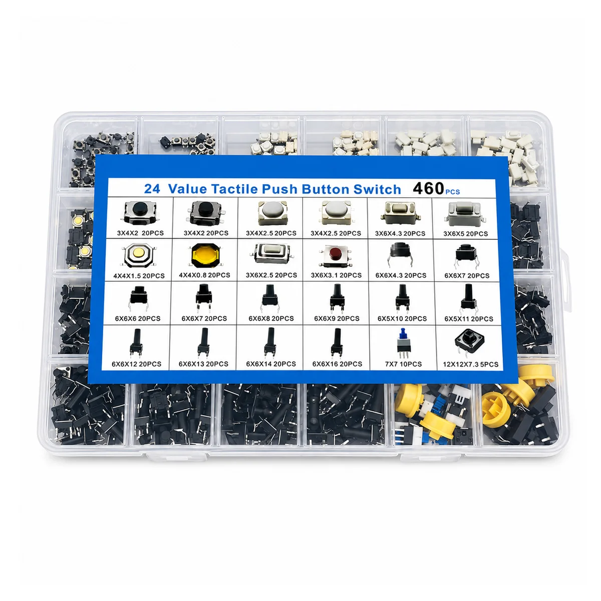 460PCS Tactile Push Button Switch Kit 24 Values 2Pin 4Pin Momentary Switch Assortment Box