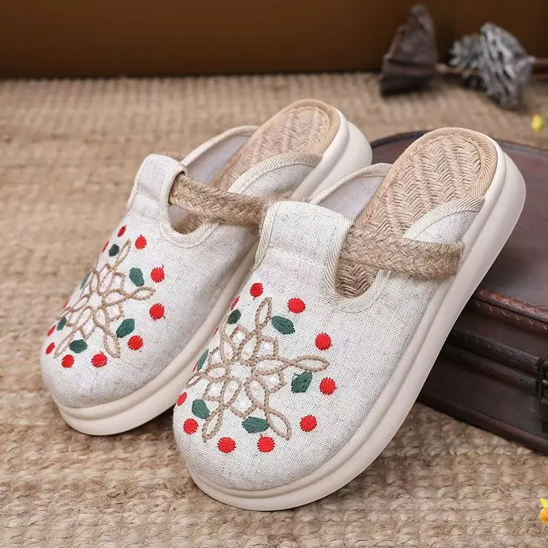 

Женские холщовые тапочки с вышивкой Baotou, летние льняные уличные полутапочки на толстой подошве в этническом стиле, тапочки Hanfu на плоской подошве