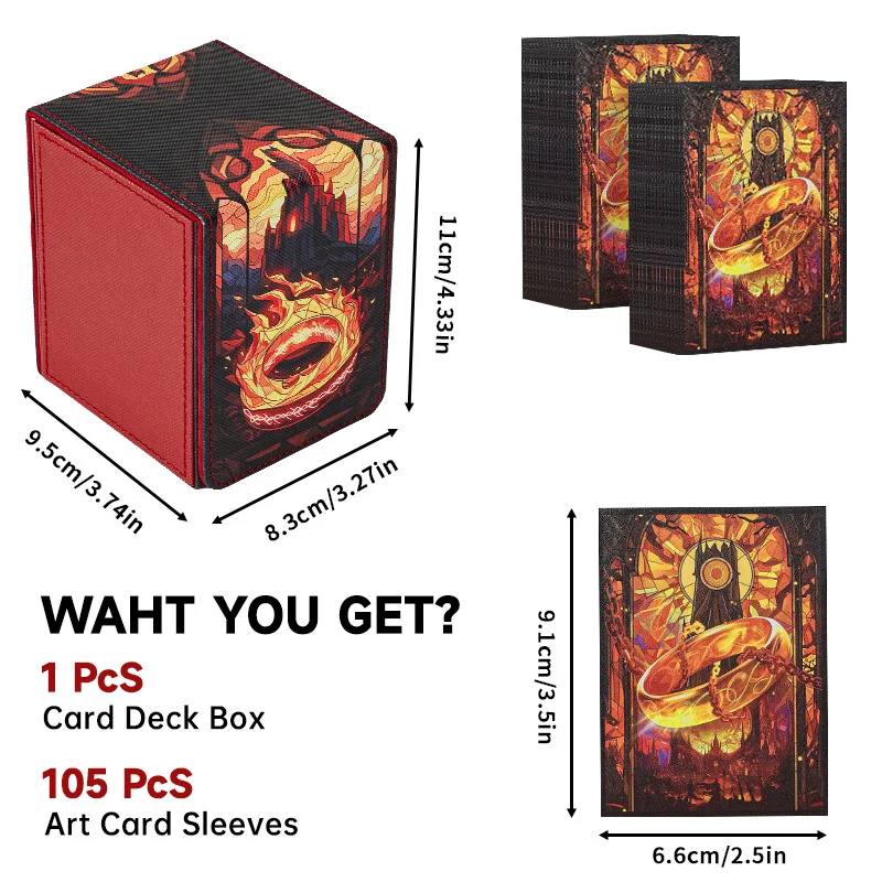 Card Deck Box Display Window with TCG Pattern Print Card Sleeves 105CT, Holds 100+ Double-Sleeved Cards, Clear Front,66x91mm