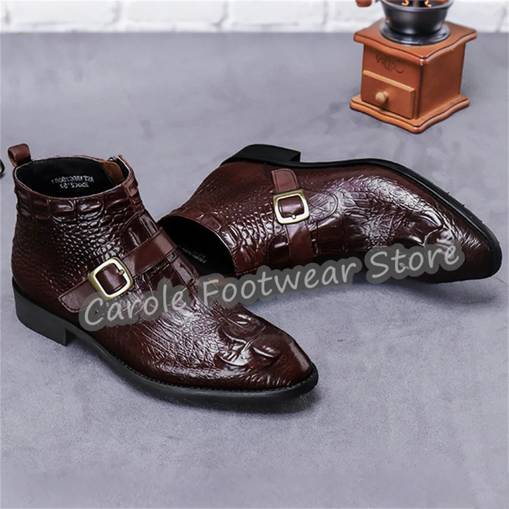 Male Crocodile Embossed Genuine Leather Ankle Boots Fashion Buckle Strap Side Zipper Pointed Toe Business Dress Short Boots