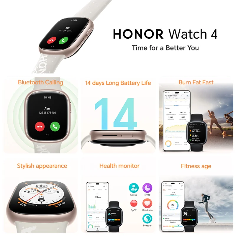 النسخة العالمية HONOR Watch 4 ساعة ذكية 5ATM مراقب الأكسجين في الدم BT5.2 GPS بلوتوث 5.2 بطارية تصل إلى 14 يومًا طويلة