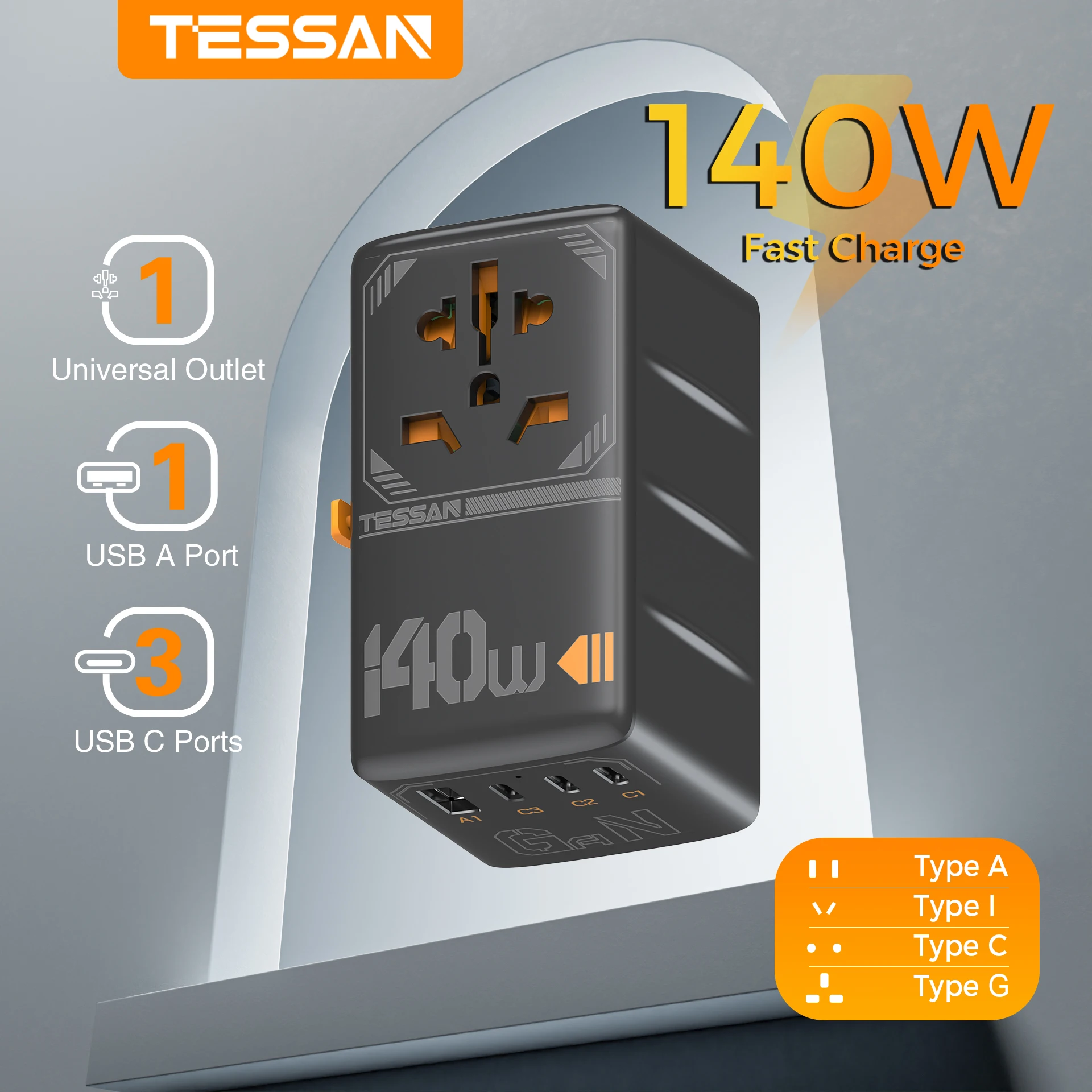 

TESSAN 140W GaN International Plug Adapter Type C Fast Charging Universal Travel Adapter with Double 10A Fuse for EU/UK/USA/AUS