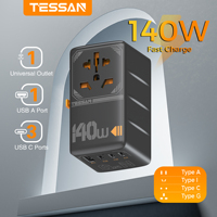 TESSAN 140W GaN International Plug Adapter Type C Fast Charging Universal Travel Adapter with Double 10A Fuse for EU/UK/USA/AUS