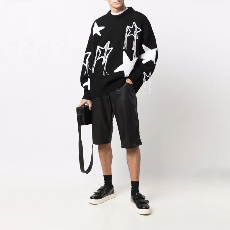 

Trendy Long Sve Embroidered Loose Fit Bla Sweater ex Youth Casual Wear Star Bear Angel Design Knitted Top