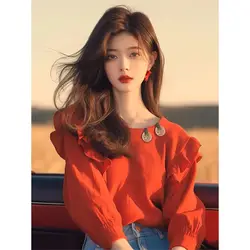Red Ruffled Long-sleeved Shirt Autumn Clothes for Women 2025 New Fashionable Versatile Top