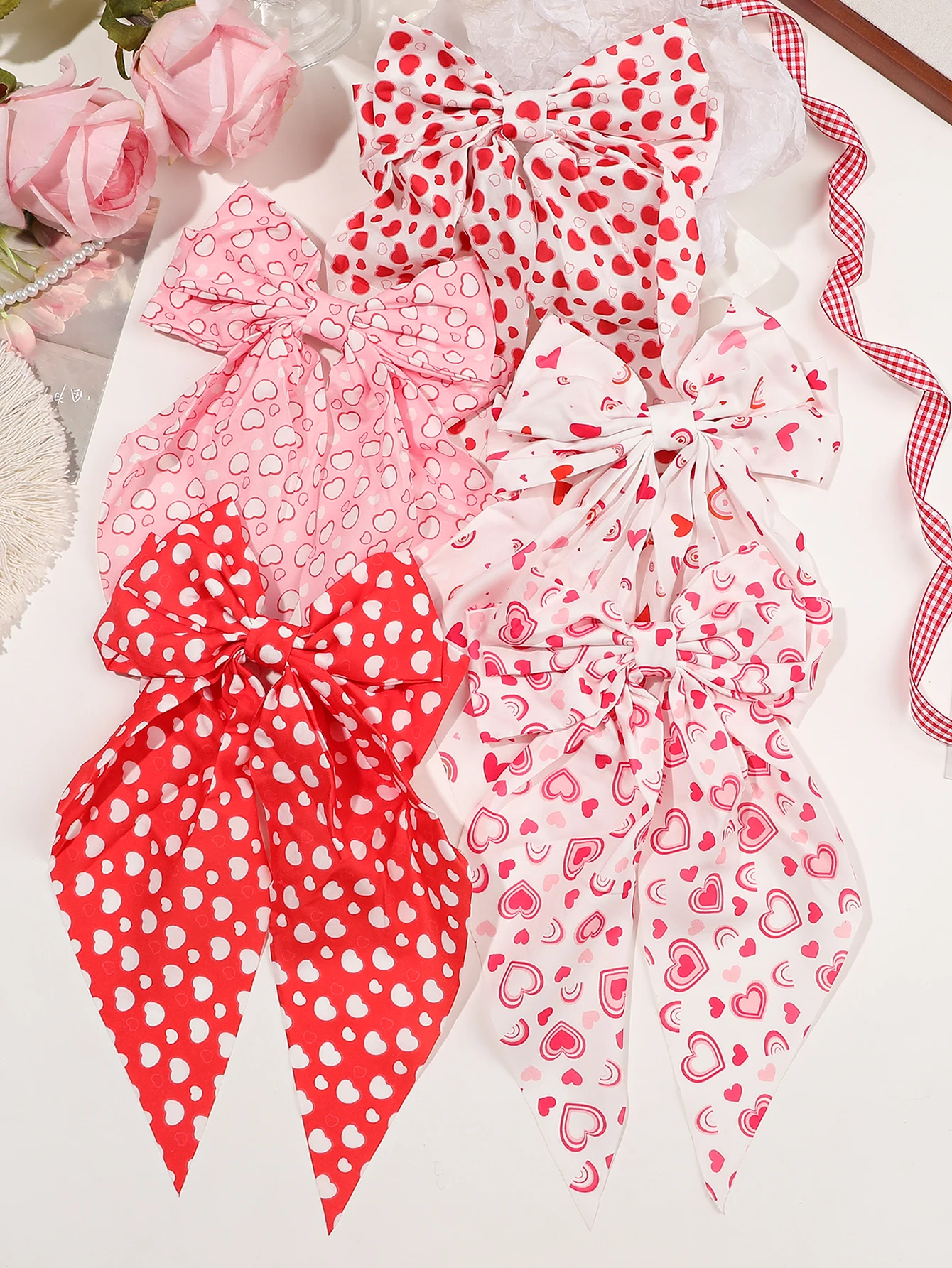 Valentine's Day Hair Bow Clips Cute Hair Bowknot Ribbon Clips Red Love Heart Pattern Hair Accessories for Girls Women Kids