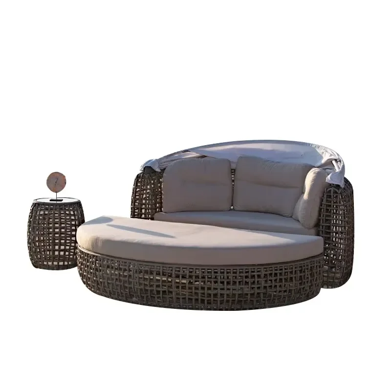 Outdoor Rattan Furniture Garden Wicker UV protection Canopy Daybed Pool Chaise Lounge Folding Sofa Bed