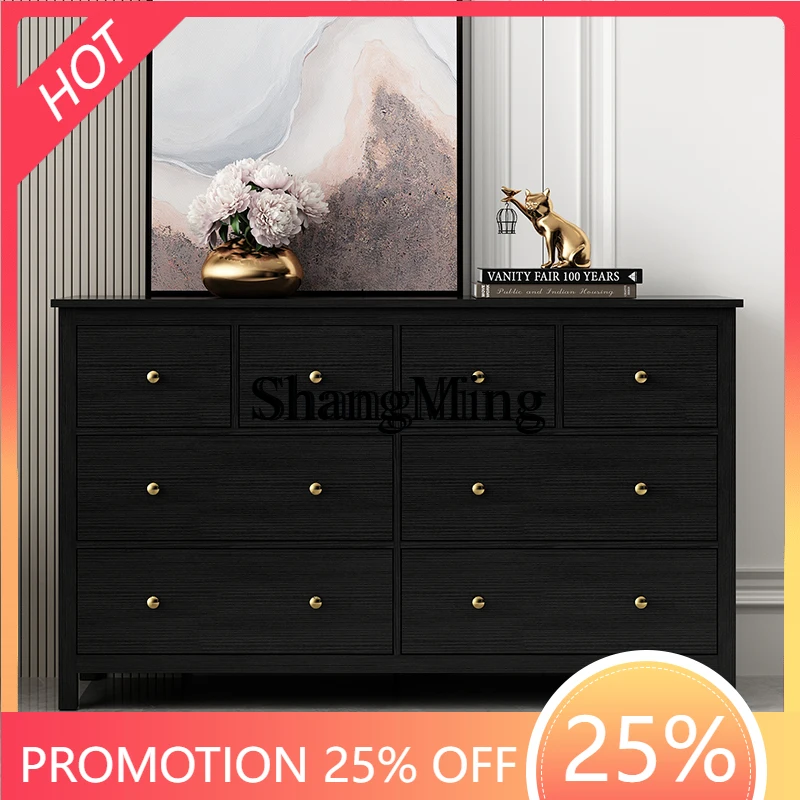 

SM Black Night-Drawer Cabinet Retro Style Country Bedroom Living Room Large Capacity Solid Wood Storage Cabinet